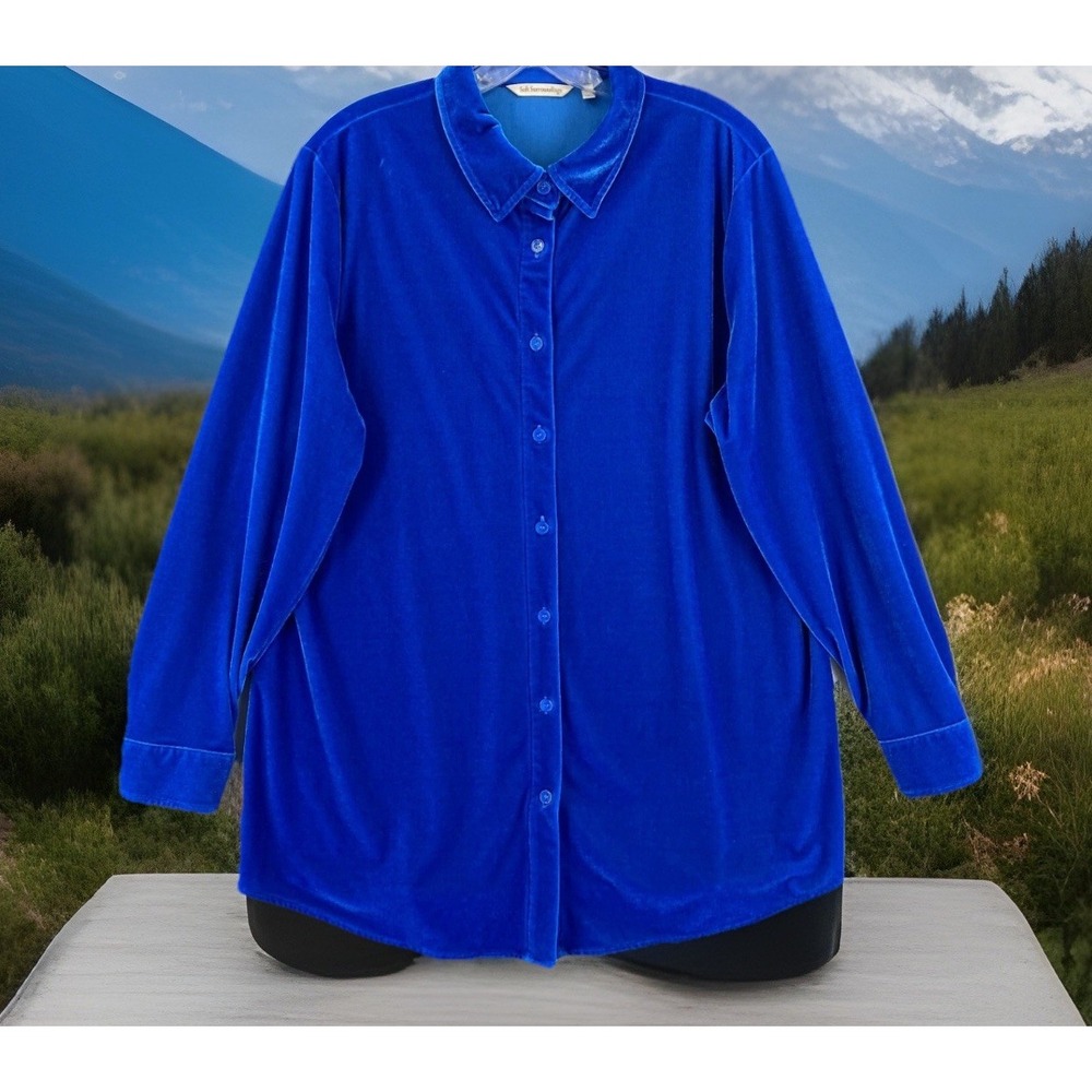 Soft Surroundings Button-Down Tunic Shirt‎ Royal Blue Velvet Boyfriend Sz Small